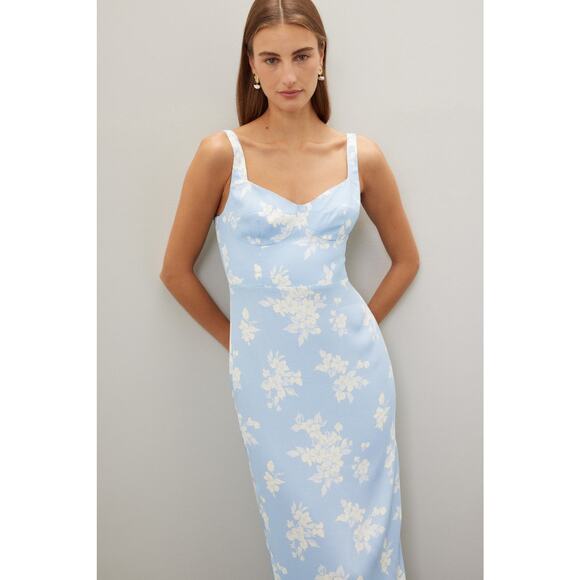Reformation Reverie Light Blue Floral Sweetheart Sheath Maxi Dress Size 10 - Picture 1 of 15